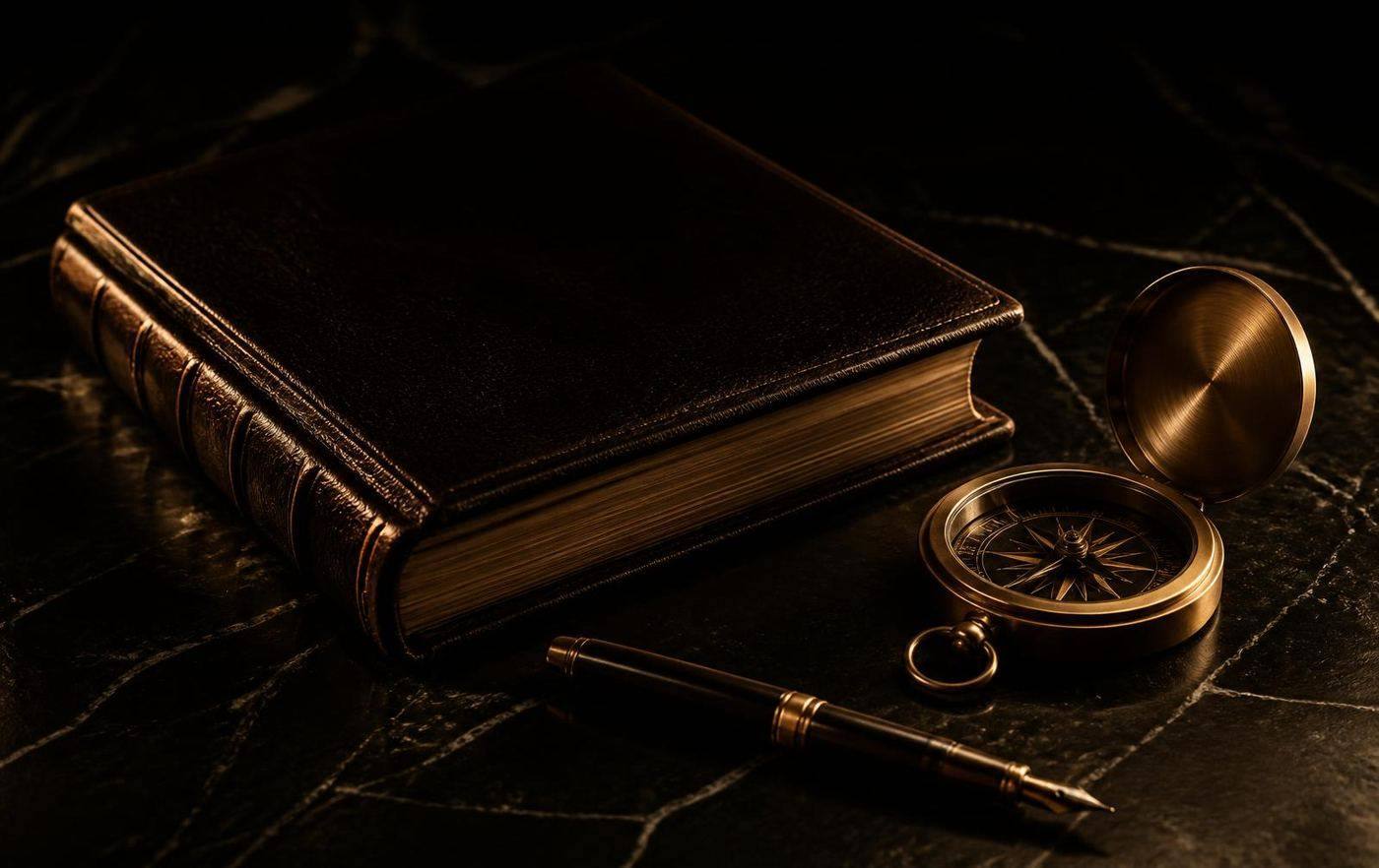 Livro de couro, compasso e caneta sobre mármore escuro