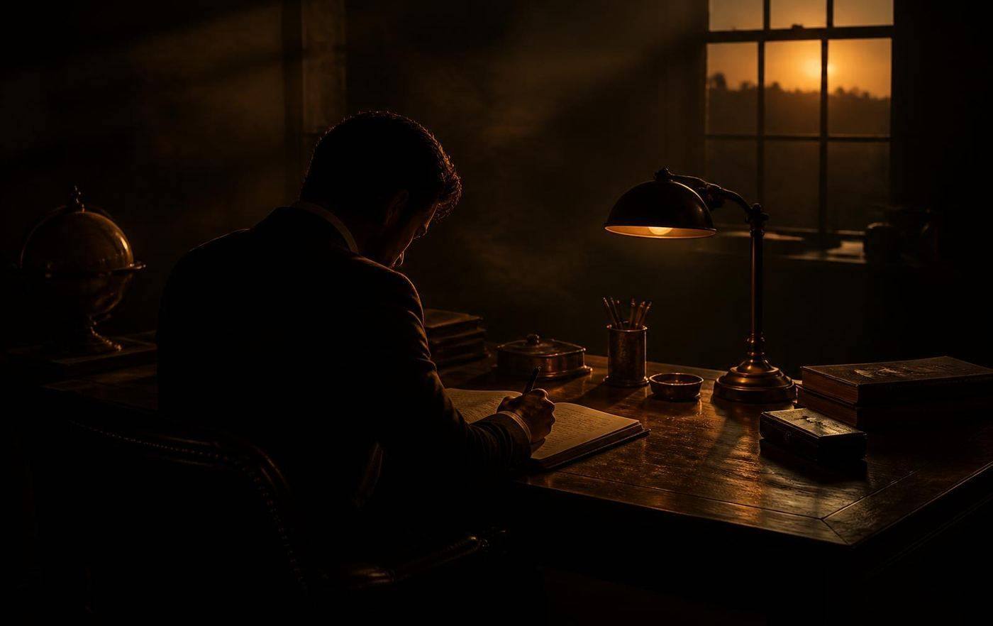 Homem de terno escrevendo em um diario ao amanhecer