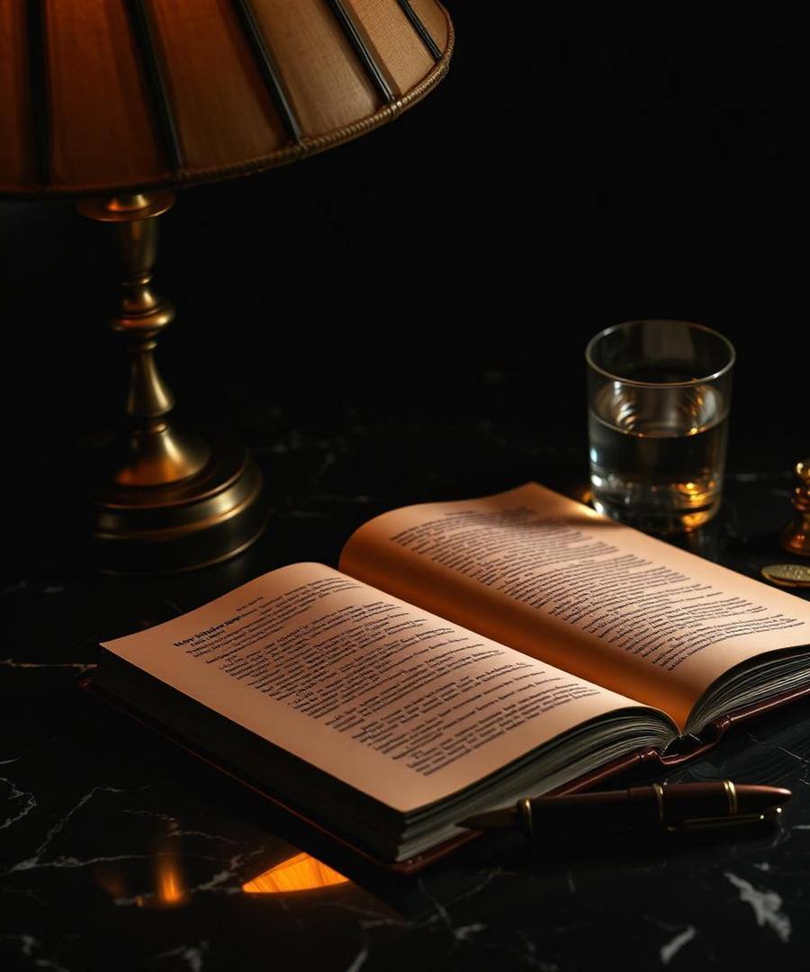 Livro aberto sobre mesa de marmore escuro com caneta, sob luz dourada