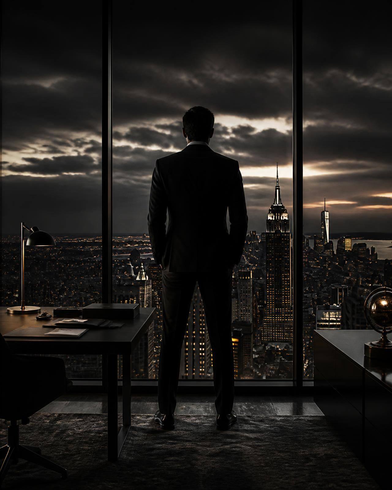 Homem de terno observando a cidade, representando visão e comando